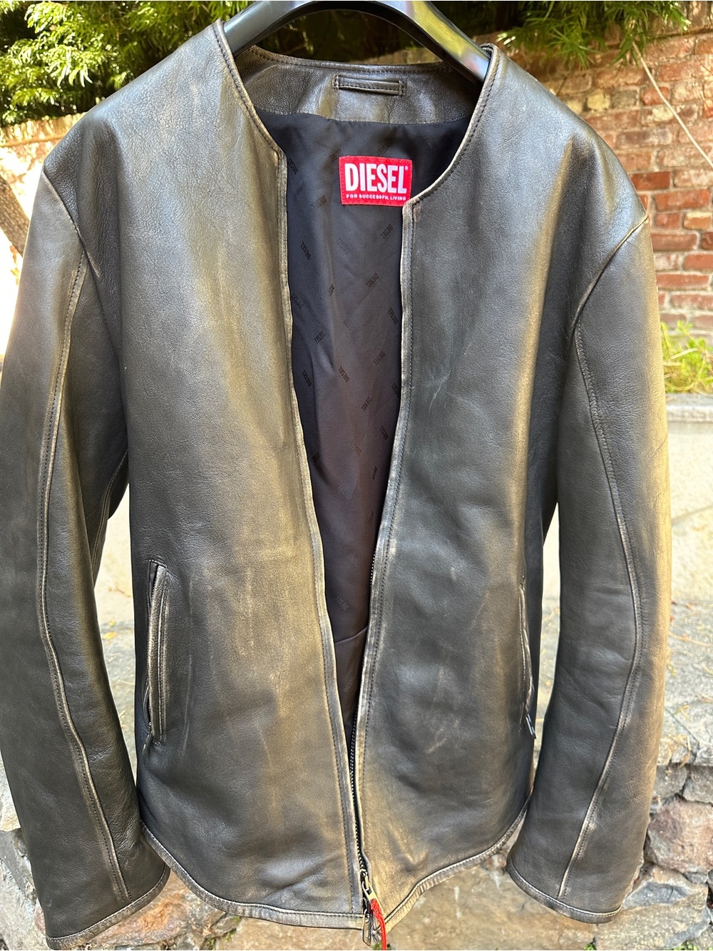 Diesel Dark Brown Leather Collarless Bomber Jacket—Runway L-Emma